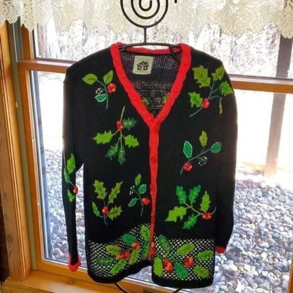 Storybook Knits Vintage Embroidered Hand Knitted Holiday Holly Sz. M Cardigan
